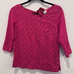 J.Crew Size S Pink Floral Eyelet Lace 3/4 Sleeve Blouse Back Bow Tie